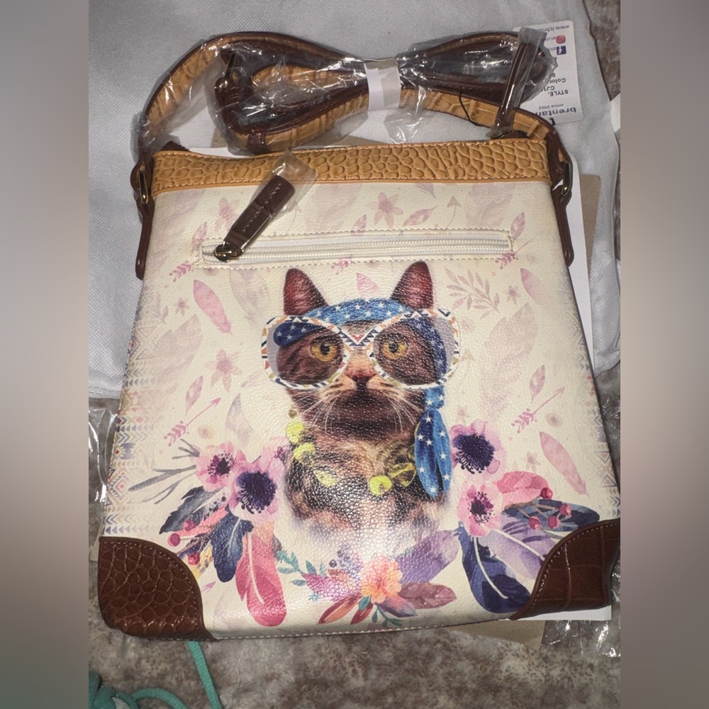 Whimsical Boho Cat Print Crossbody Bag in Cream and Brown